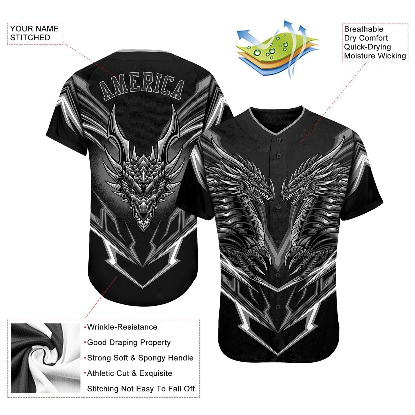 Frenzidea Custom Black Black-Gray 3D Monster Baseball Jersey