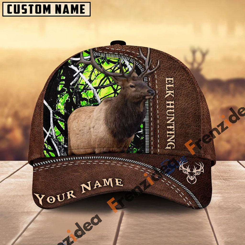 Frenzidea Elk Hunting Leather Pattern Personalized Name Cap