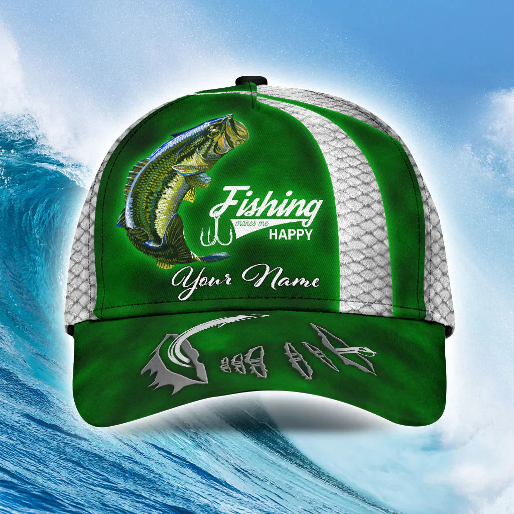 Frenzidea Custom Name Bass Fishing Hat Hook Print Cap