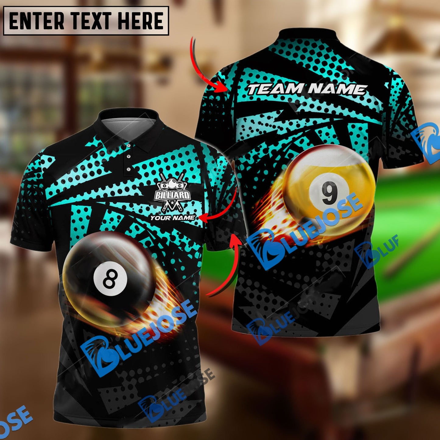 Frenzidea Billiards Ball 8&9 Fire Point Strike Personalized Name, Team Name Unisex Shirt ( 4 Colors )