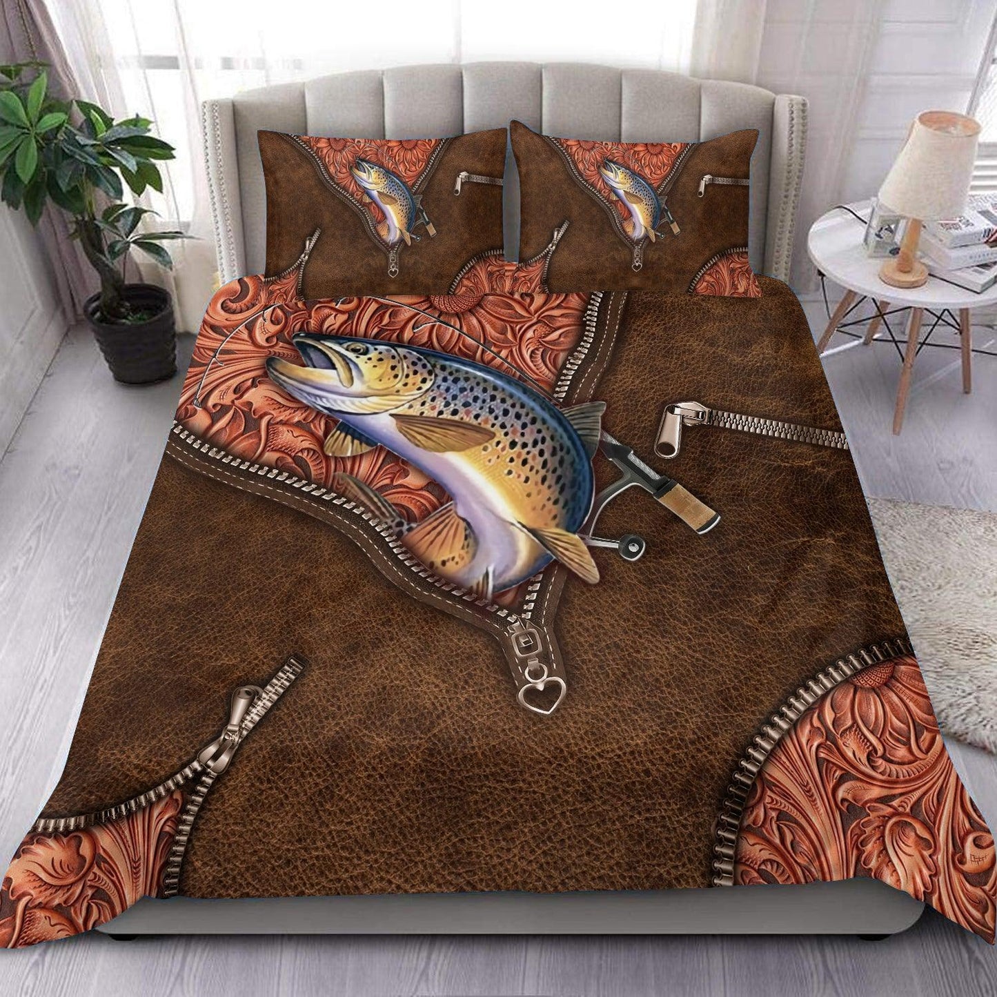 Frenzidea Trout Fish Fishing Leather Pattern Bedding Set