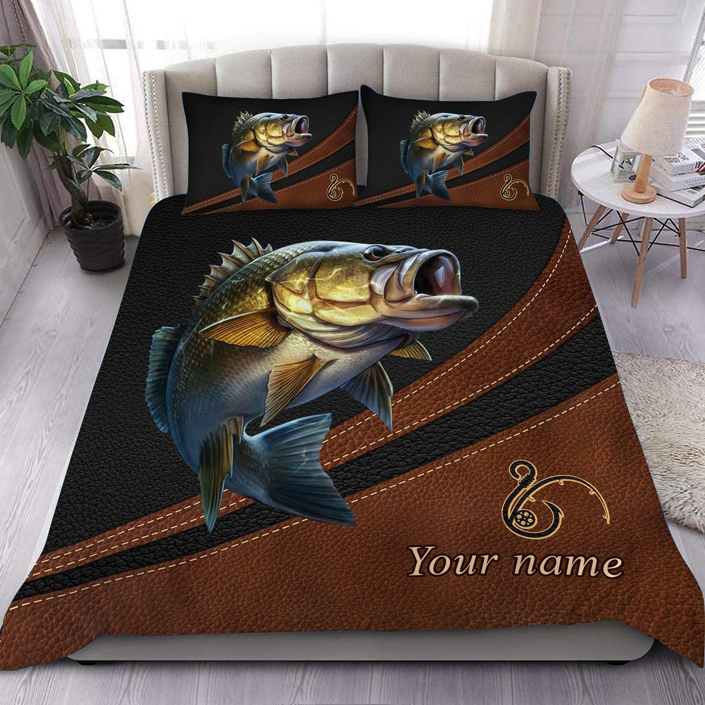 Frenzidea Bass Fishing Black Brown Personalized Bedding Set