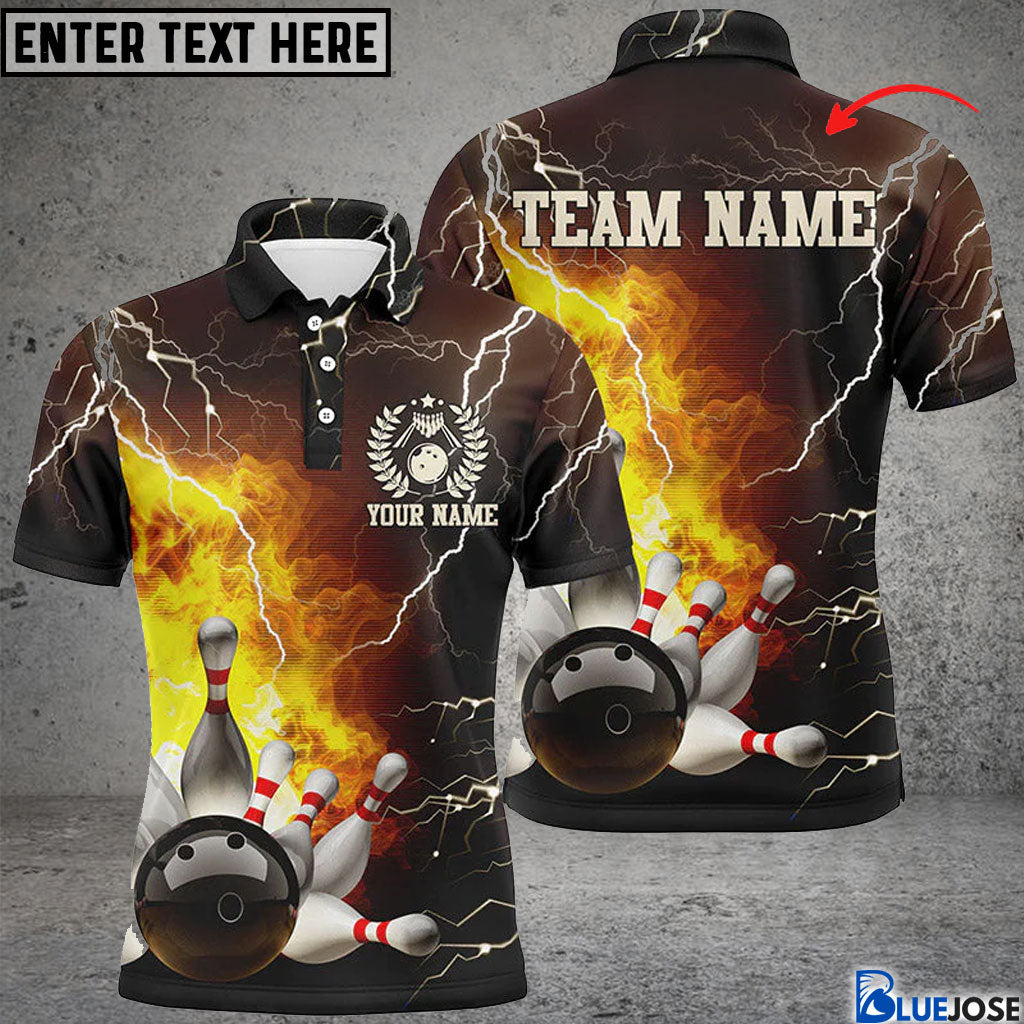 Frenzideas Personalized Name and Team Name Bowling Flame and Pins Multicolor 3D Shirt