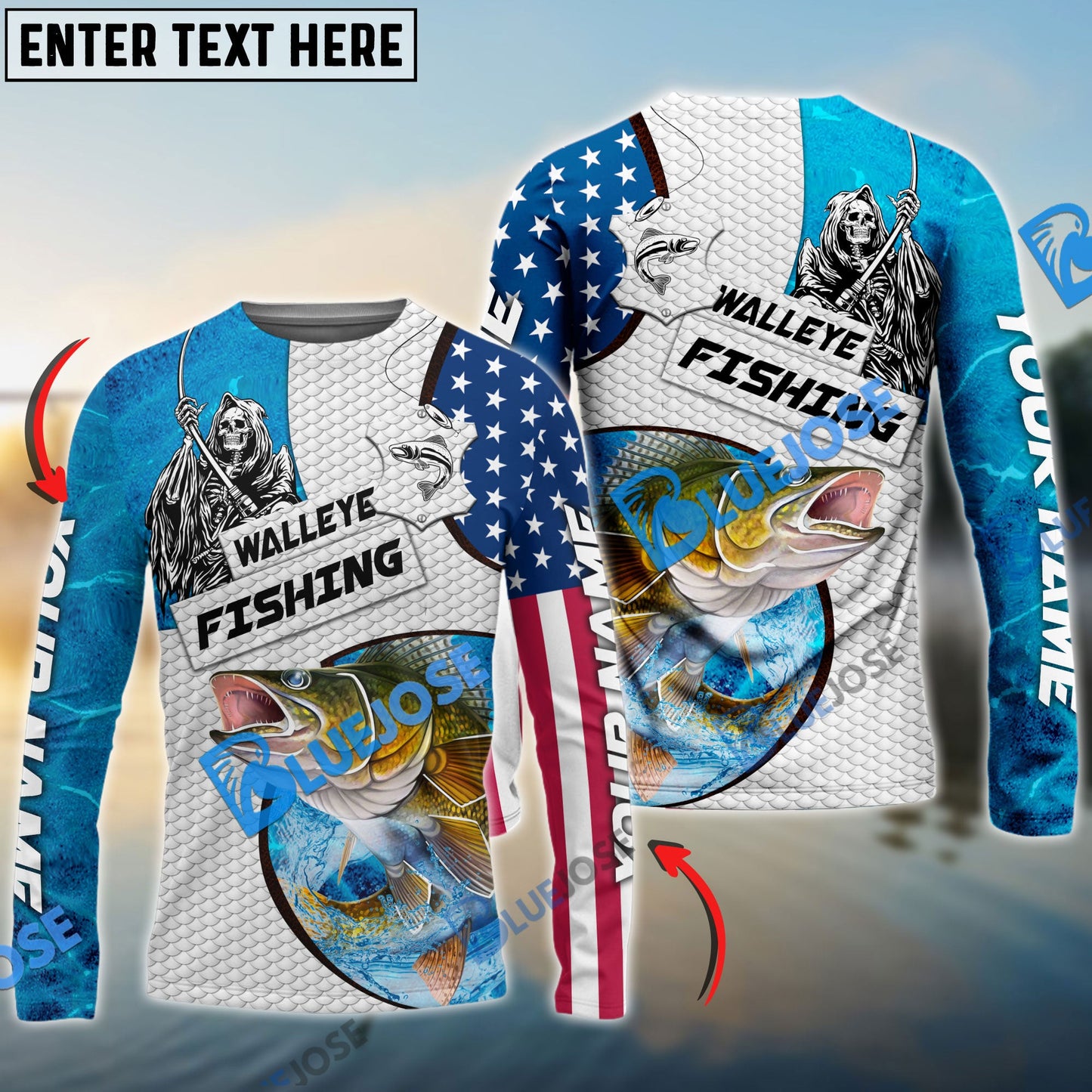 Frenzidea Customize Name Walleye Fishing Reaper Blue Water 3D Shirts