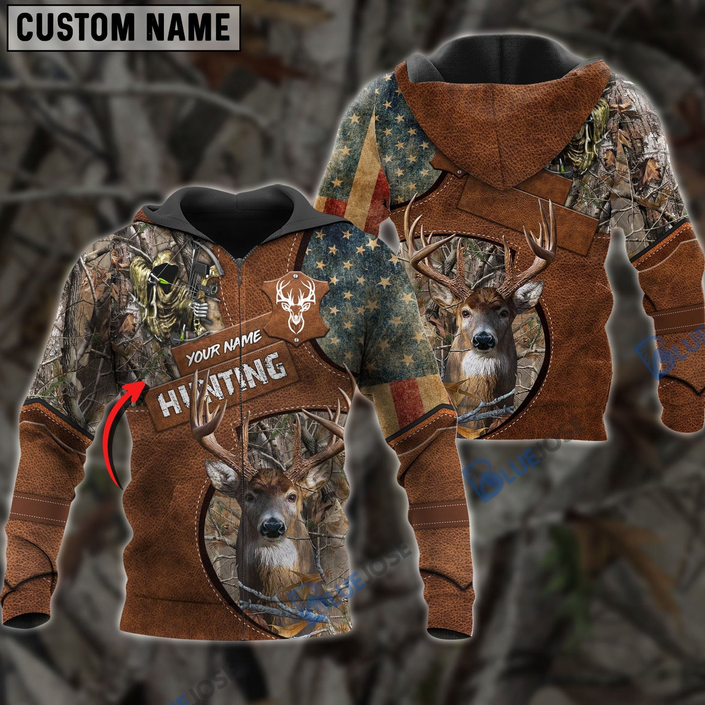 Frenzidea Customized Name Deer Hunting Leather Pattern 3D Shirts