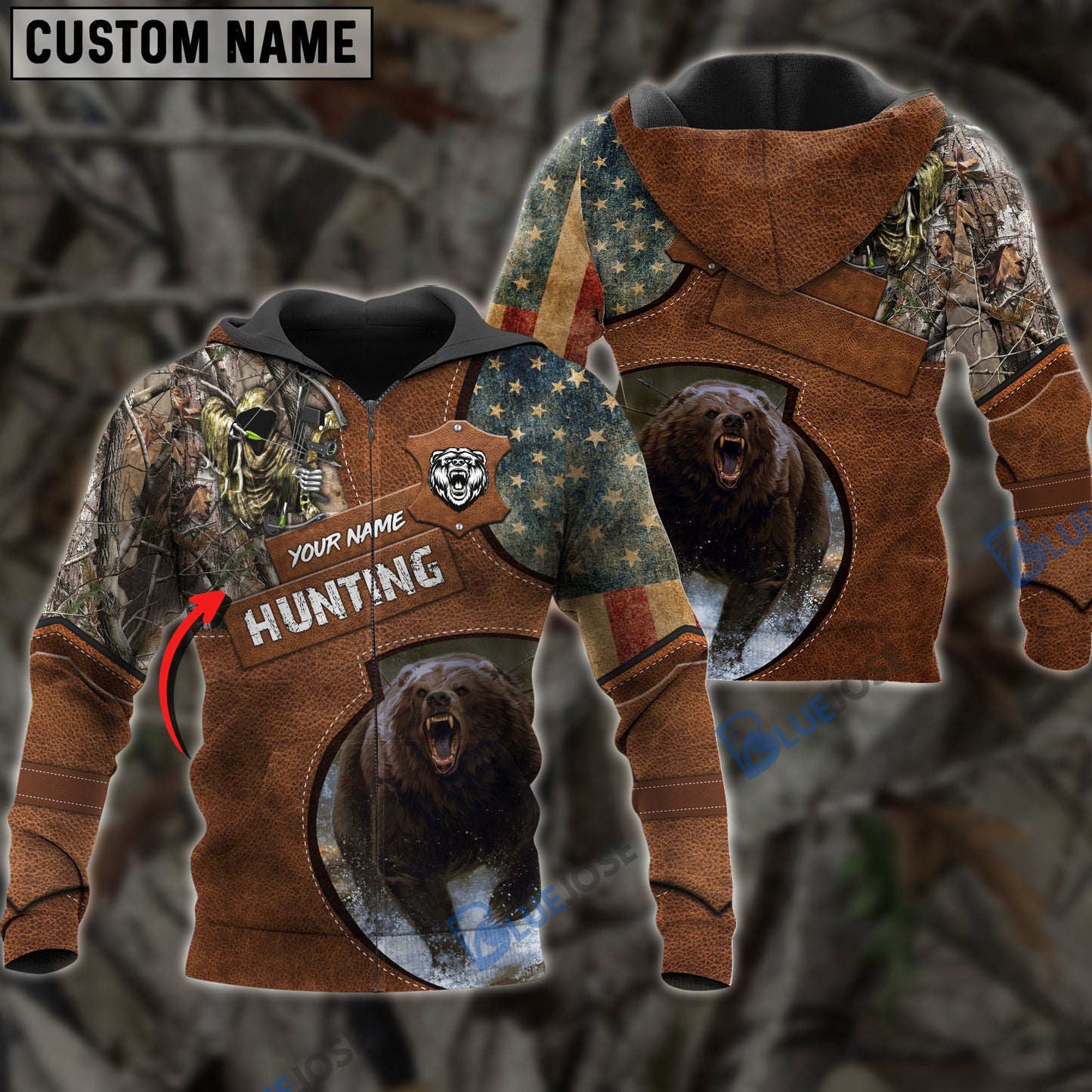 Frenzidea Customized Name Bear Hunting Leather Pattern 3D Shirts