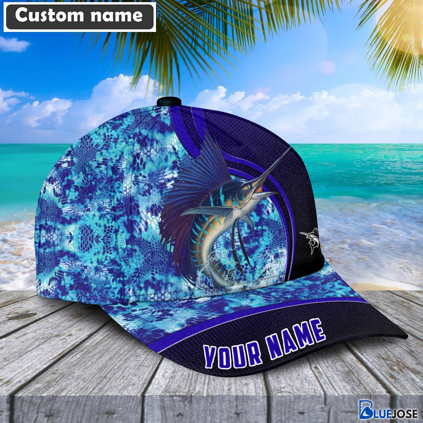 Frenzidea Blue Patchy Sailfish Fishing Personalized Cap