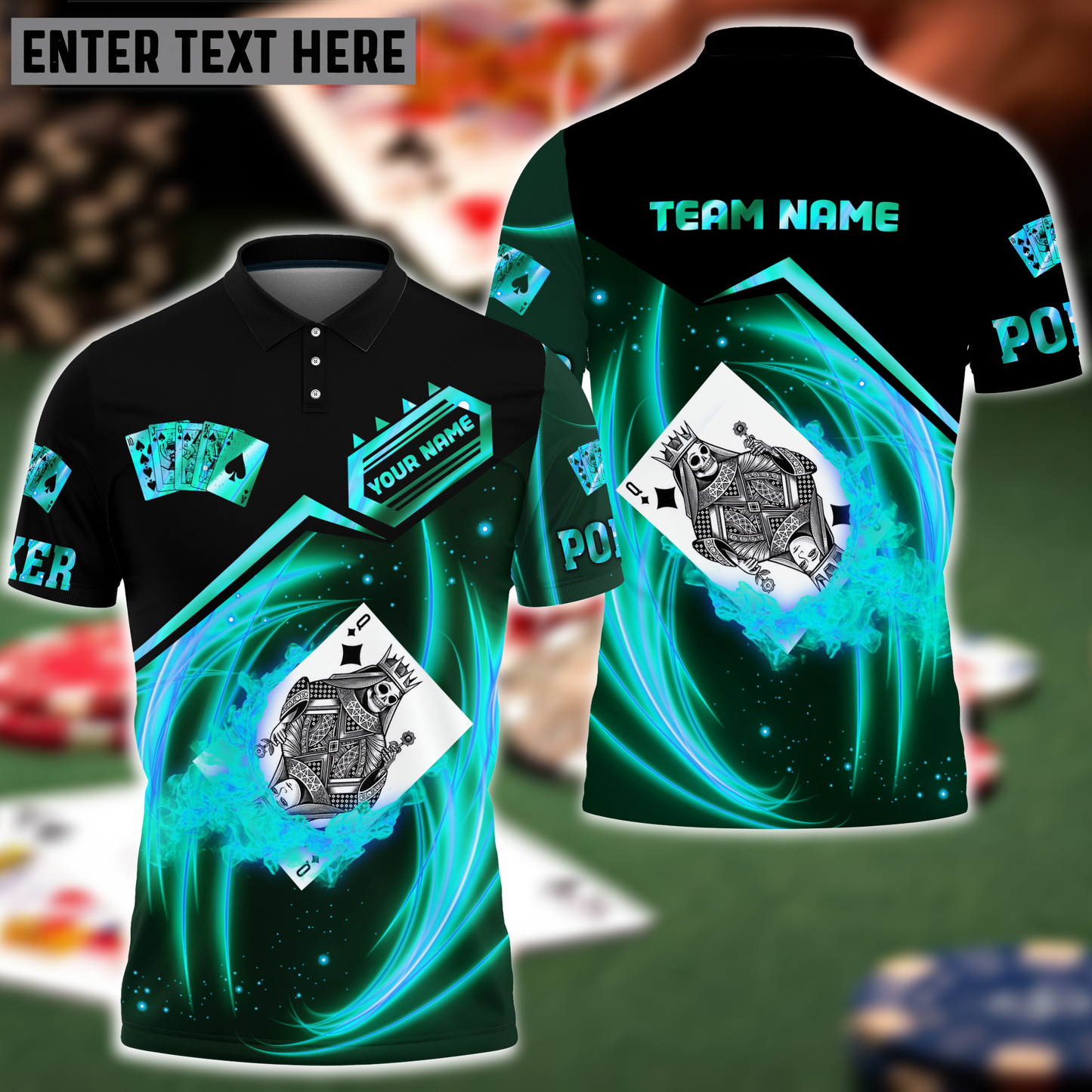 Frenzidea Queen Card Poker Blue Fire Personalized Name, Team Name Unisex Shirt