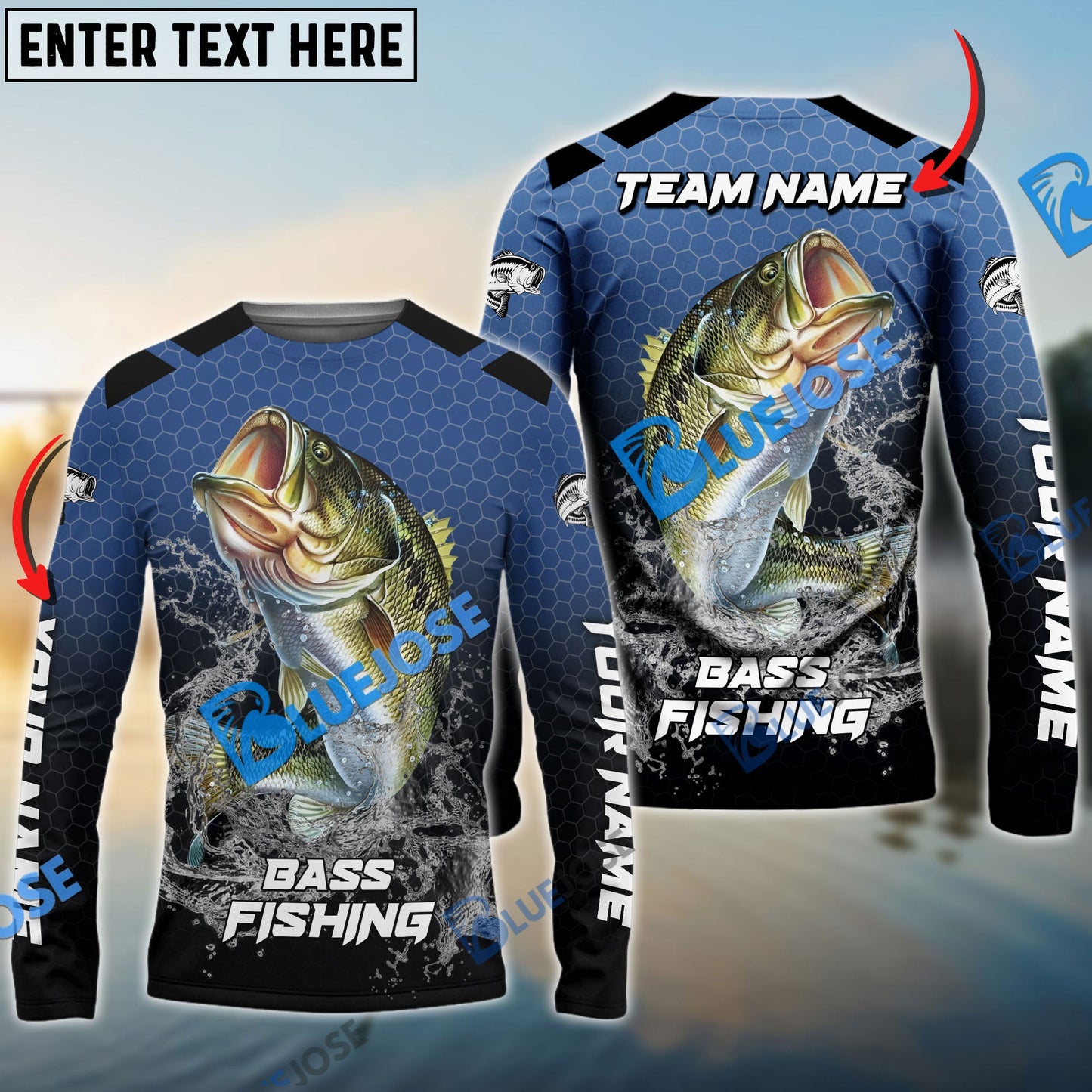 Frenzidea Bass Fishing Navy Hexagon Sport Custom Name & Team Name 3D Shirts