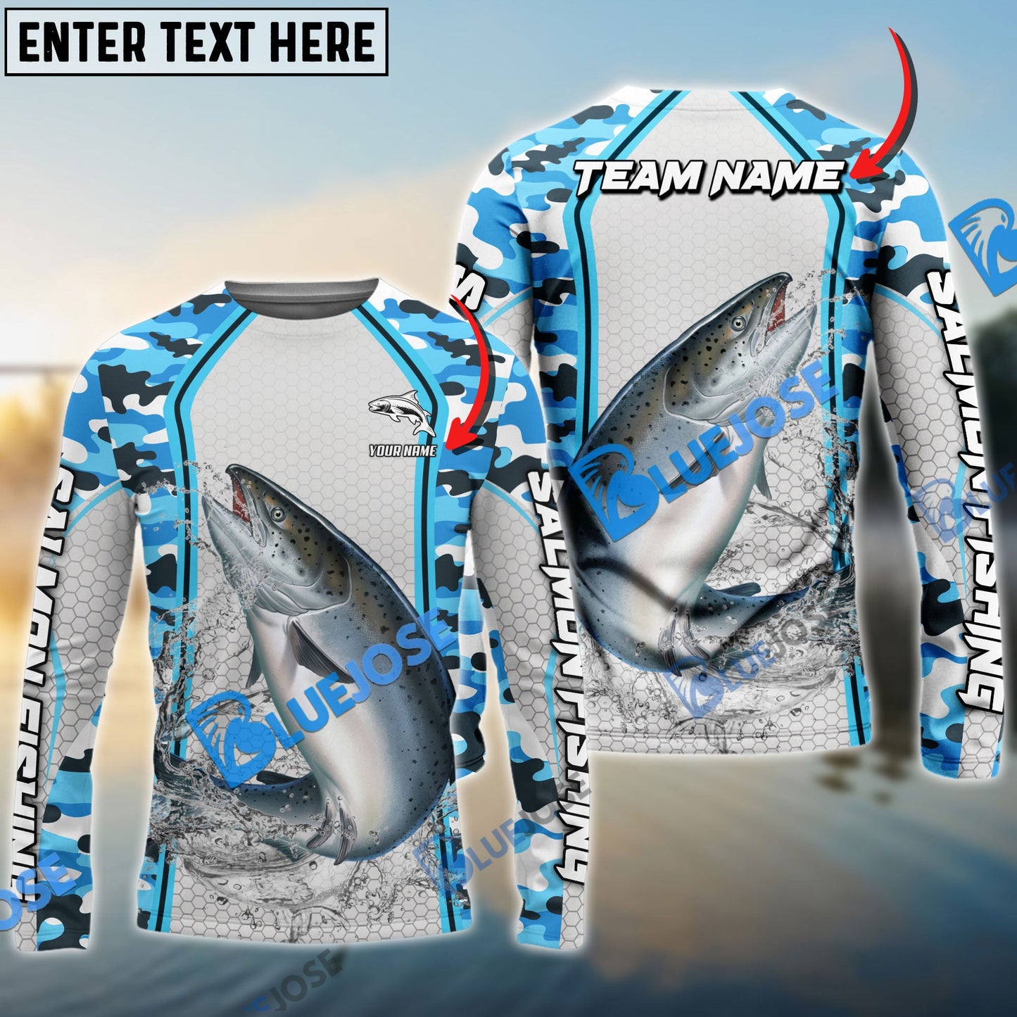 Frenzidea Salmon Fishing Light Blue Camo Sport Custom Name & Team Name 3D Shirts