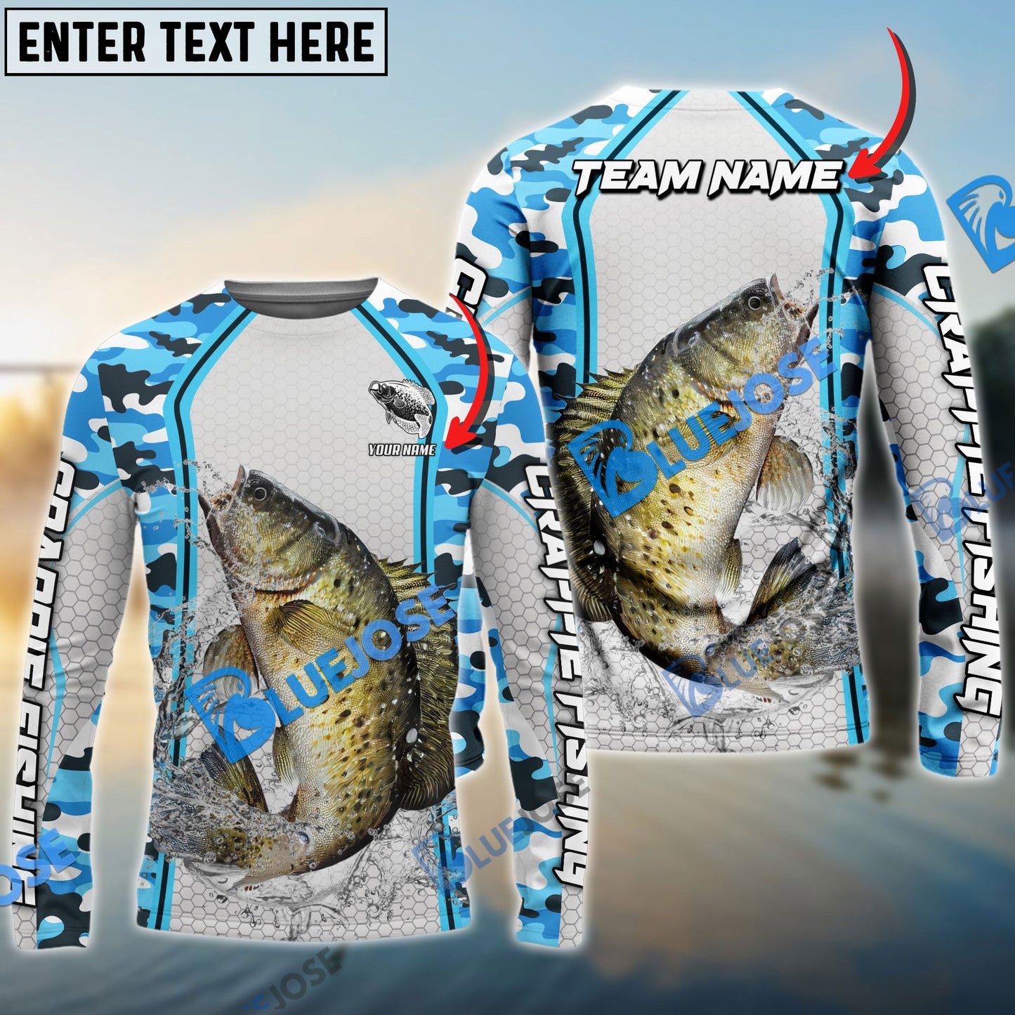 Frenzidea Crappie Fishing Light Blue Camo Sport Custom Name & Team Name 3D Shirts