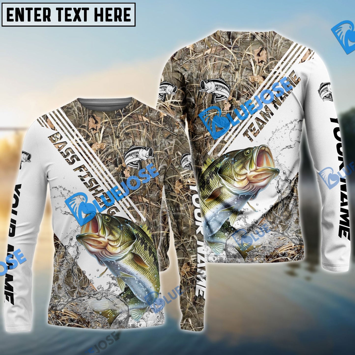 Frenzidea Bass Fishing White And Grass Camo Sport Custom Name & Team Name 3D Shirts