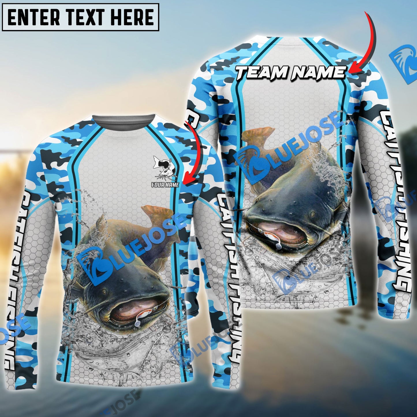 Frenzidea Catfish Fishing Light Blue Camo Sport Custom Name & Team Name 3D Shirts