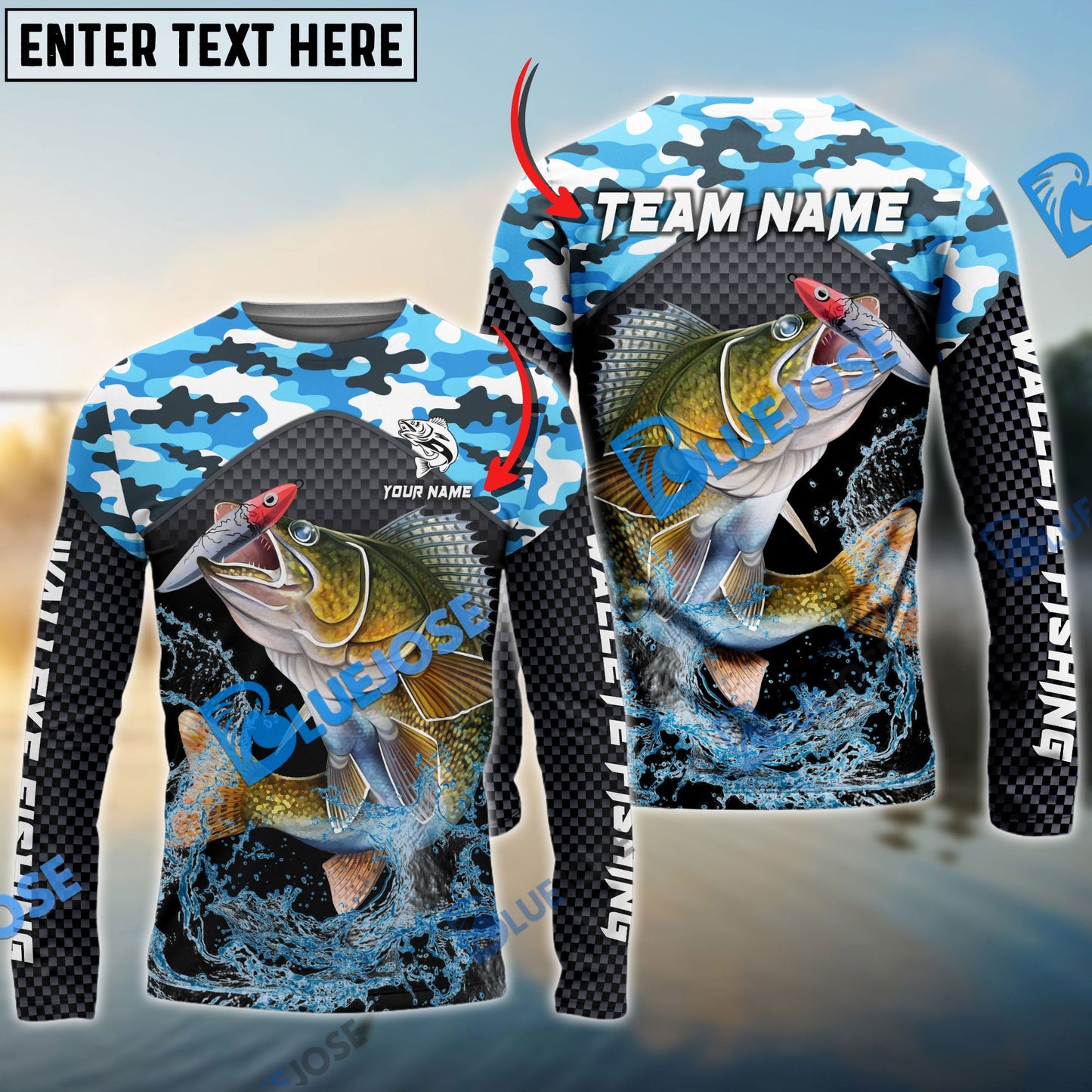 frenzidea Walleye Fishing Blue Camo Sport Custom Name & Team Name 3D Shirts