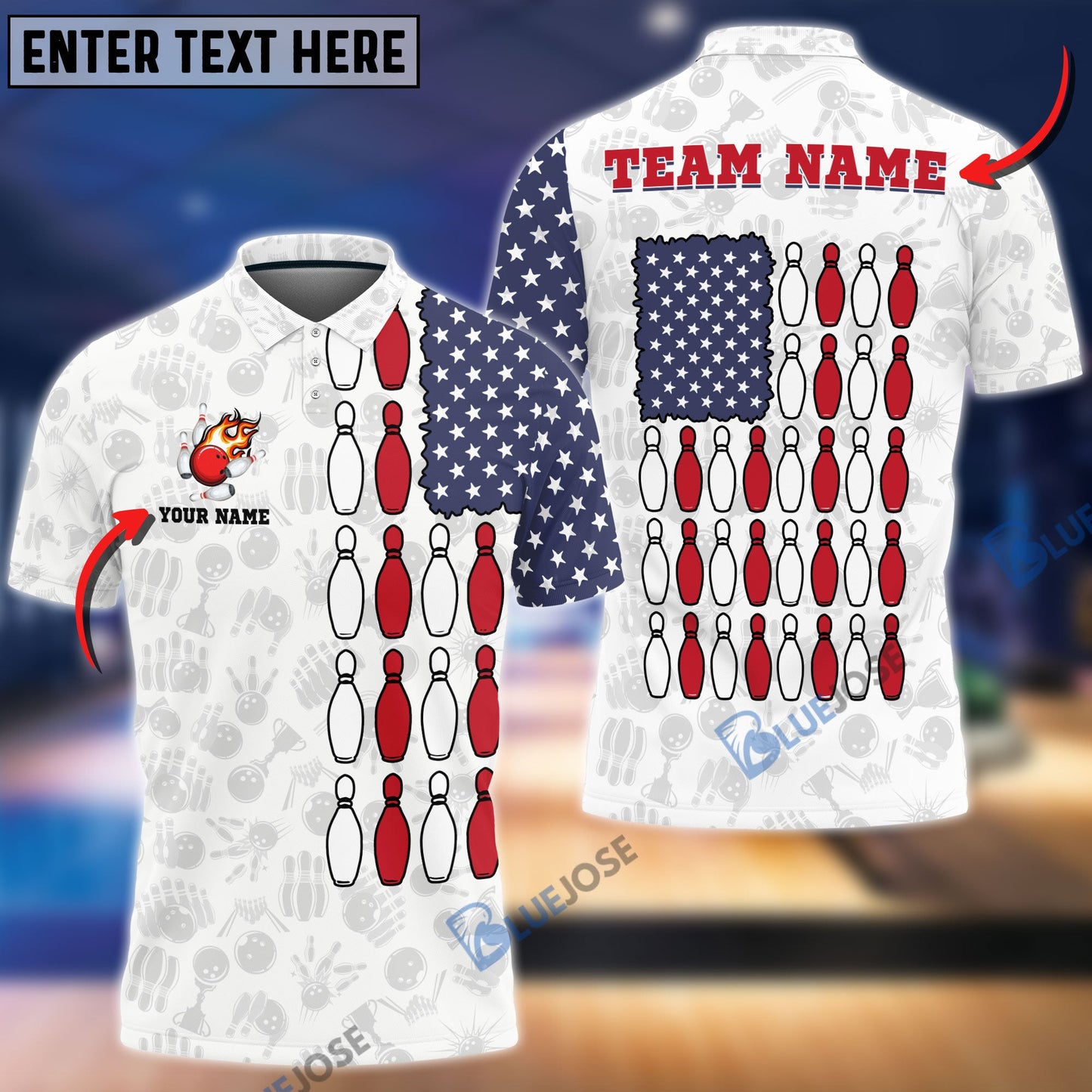 Frenzideas Bowling US Flag Shoulder Customized Name, Team Name 3D Shirt (Black & White)