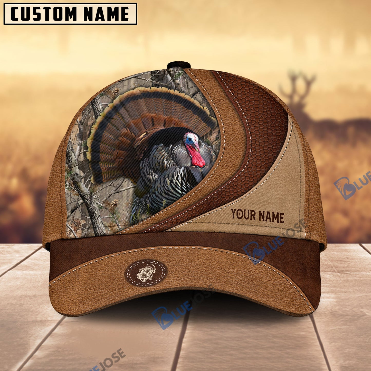 Frenzidea Turkey Hunting Brown Leather Pattern Personalized Name Cap (5 Colors)