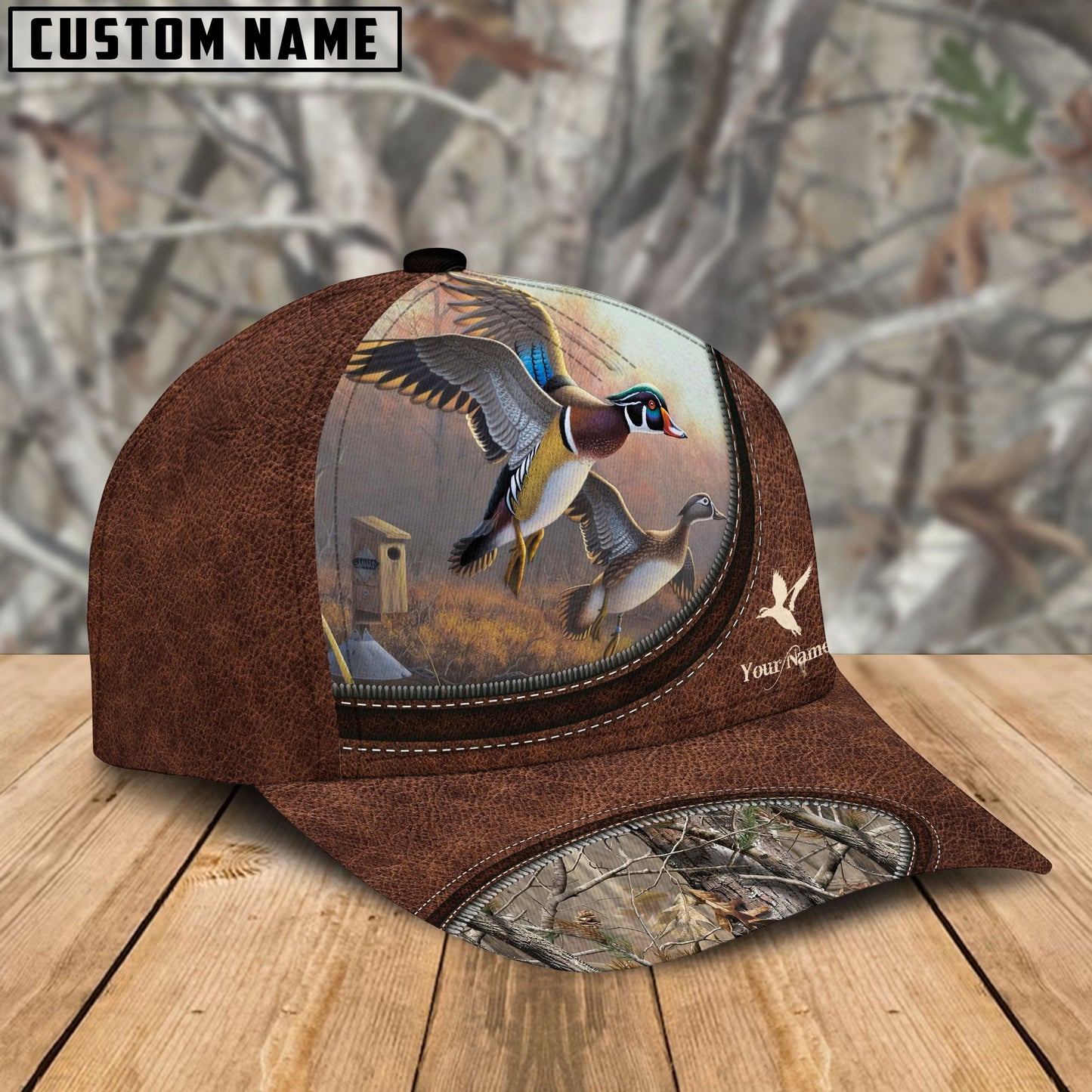 Frenzidea Duck Hunting Leather Zip Pattern Personalized Name Cap