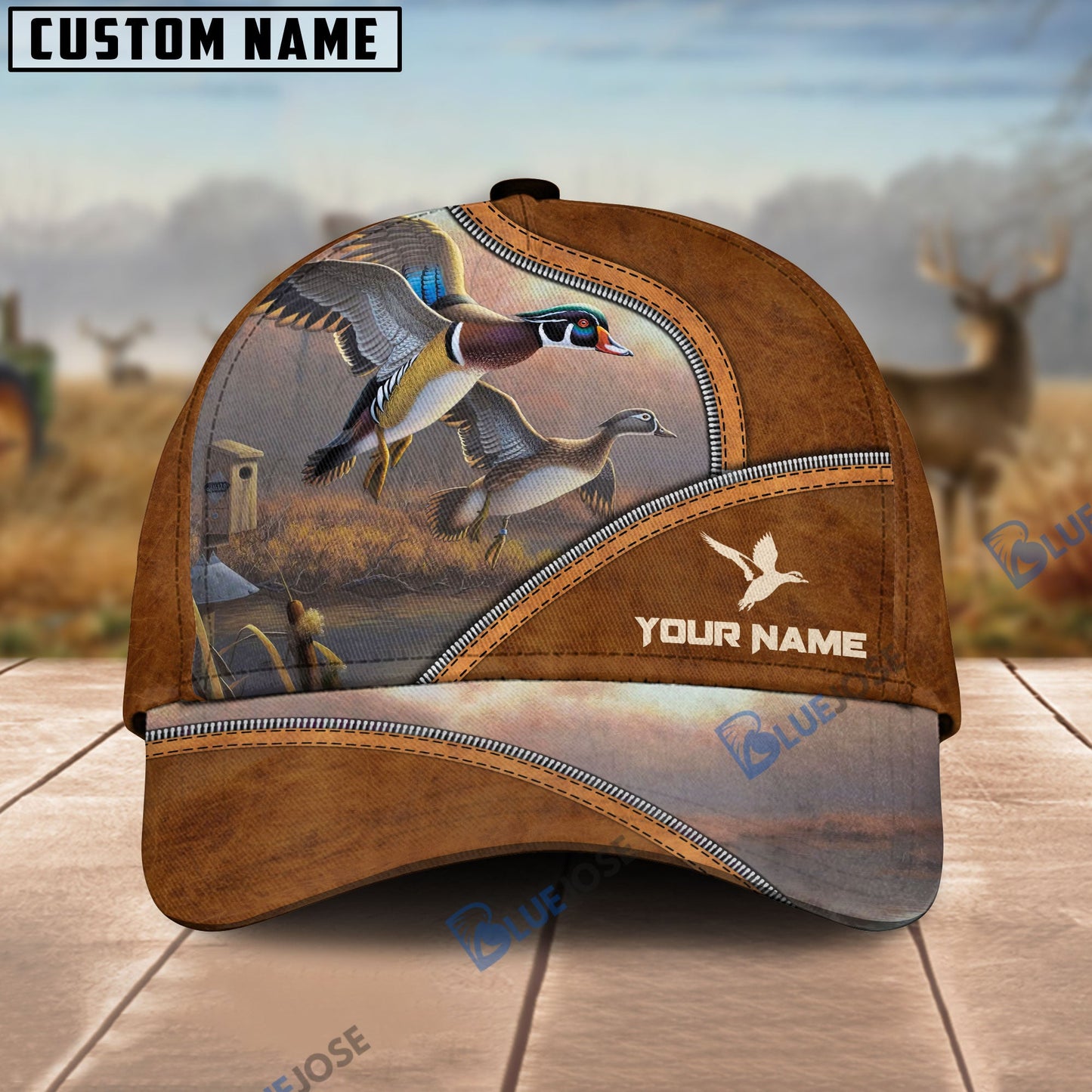 Frenzidea Duck Hunting Premium Brown Leather Pattern Personalized Name Cap
