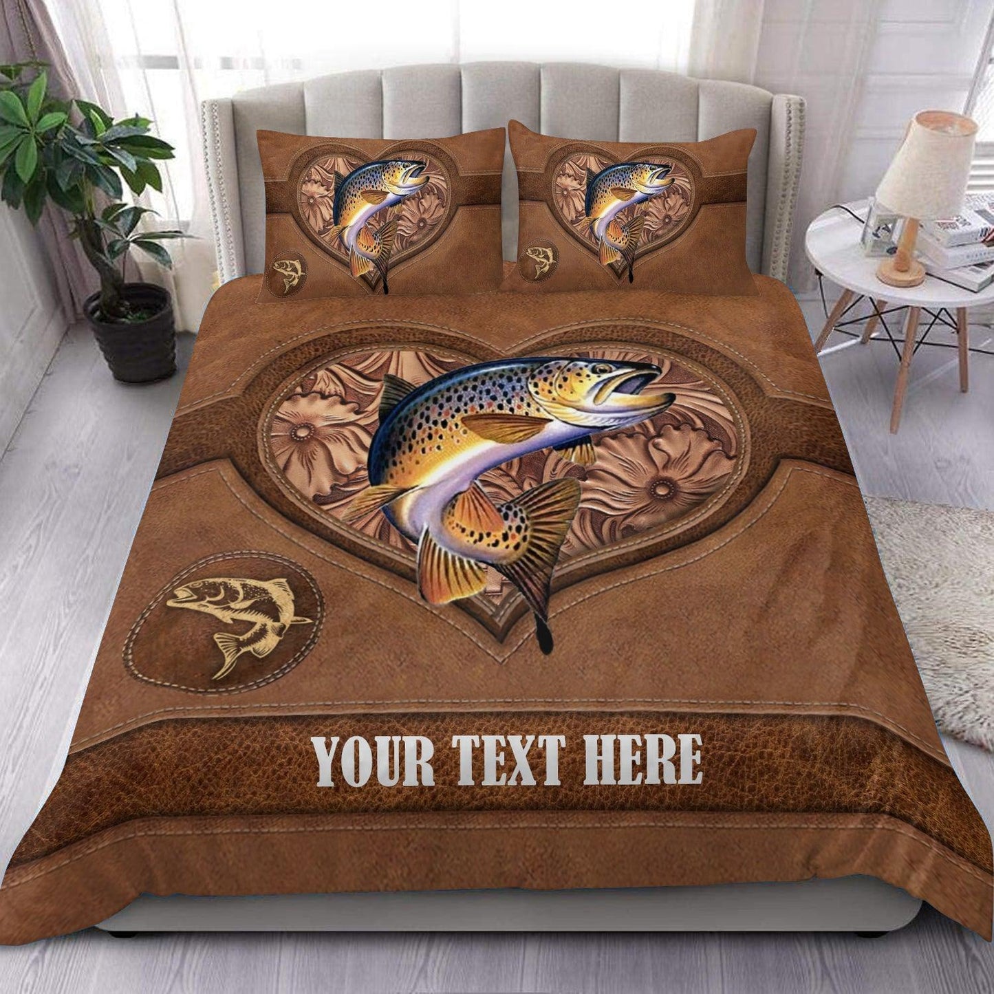 Frenzidea Trout Fishing Heart Leather Pattern Personalized Bedding Set