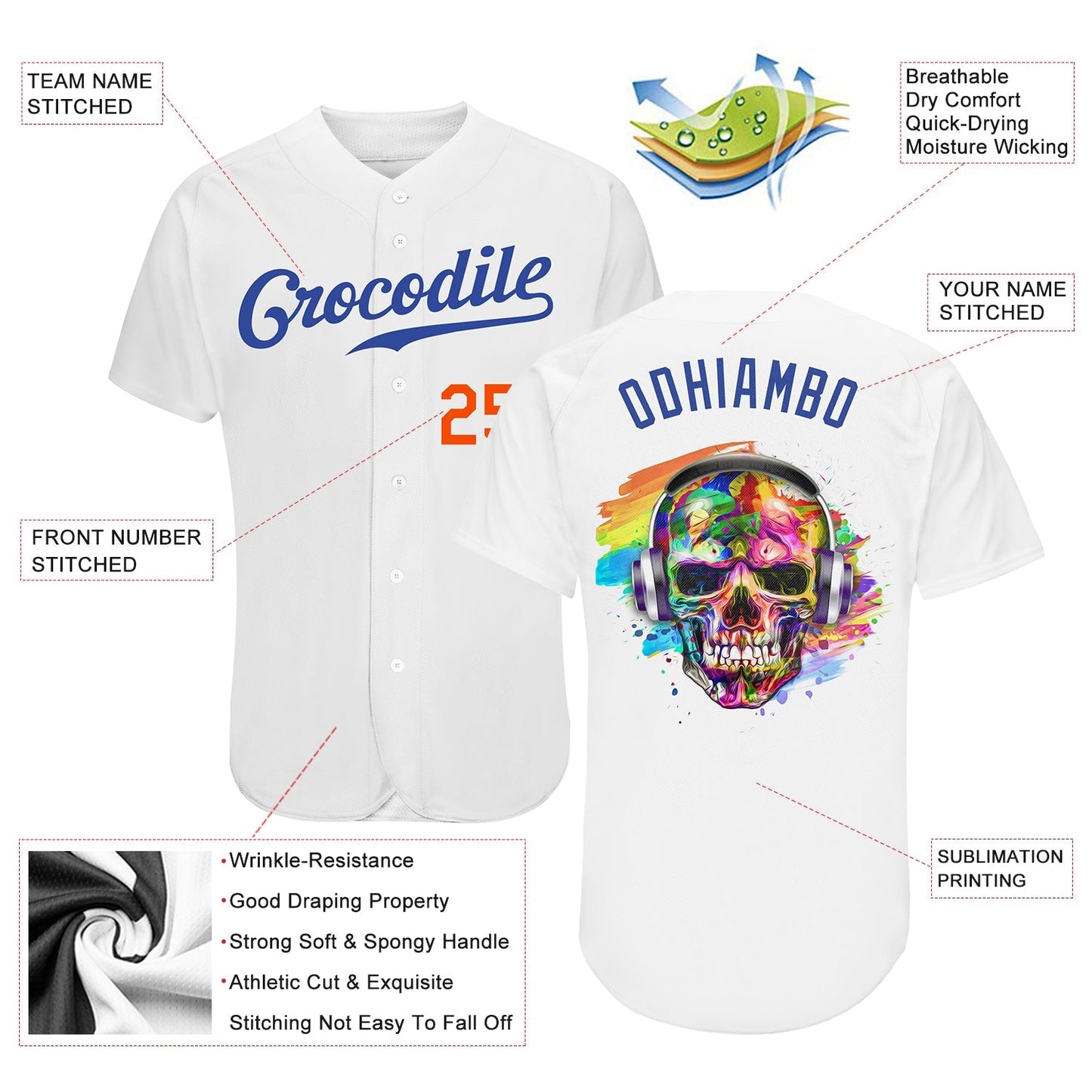 Frenzidea Custom White Royal-Orange Skull Fashion Baseball Jersey