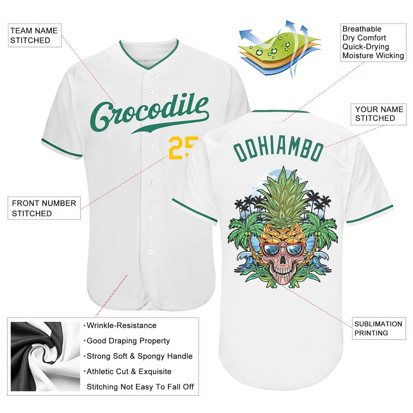 Frenzidea Custom White Kelly Green-Gold Authentic Skull Pineapple Head Baseball Jersey
