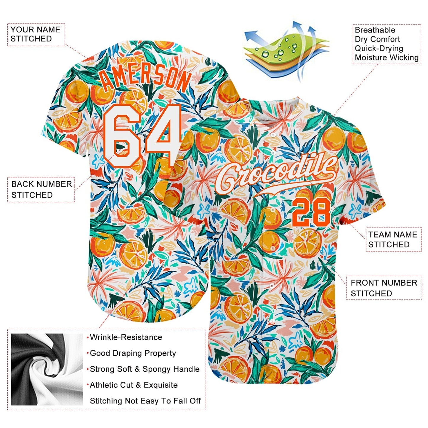 Frenzidea Custom White White-Orange 3D Pattern Design Fruits Authentic Baseball Jersey