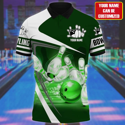 Frenzideas Bowling Ball and Pins Multicolor Customized Name 3D Polo Shirt