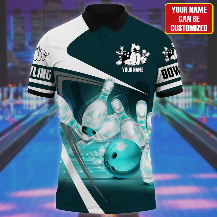 Frenzideas Bowling Ball and Pins Multicolor Customized Name 3D Polo Shirt