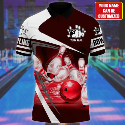 Frenzideas Bowling Ball and Pins Multicolor Customized Name 3D Polo Shirt