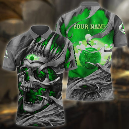 Frenzidea Bowling Skull Pattern Multicolor Customized Name 3D Polo Shirt