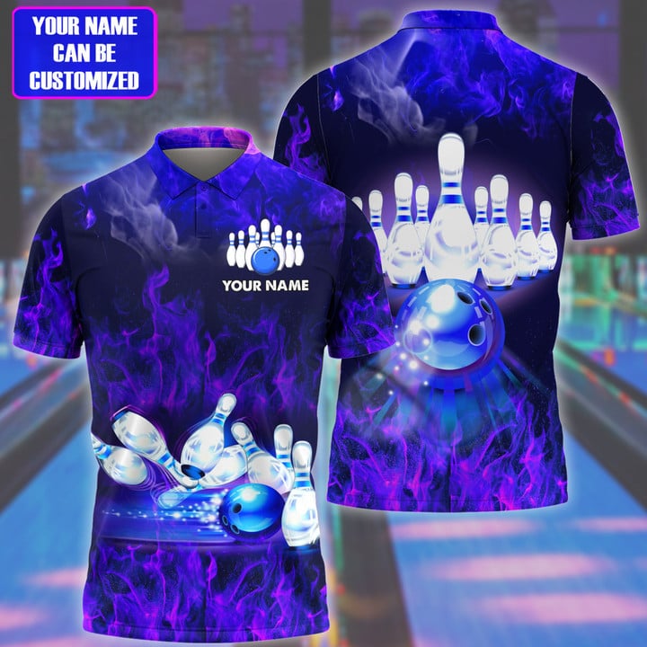 Frenzideas Bowling Flame Pattern Multicolor Customized Name 3D Polo Shirt