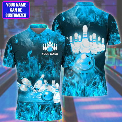 Frenzideas Bowling Flame Pattern Multicolor Customized Name 3D Polo Shirt