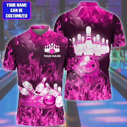Frenzideas Bowling Flame Pattern Multicolor Customized Name 3D Polo Shirt