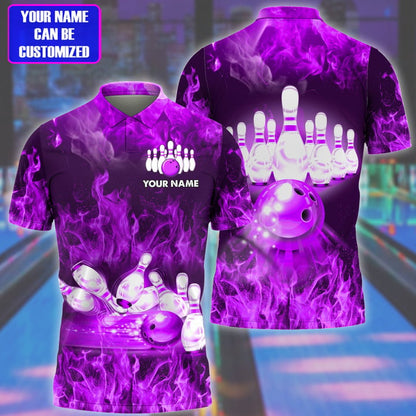 Frenzideas Bowling Flame Pattern Multicolor Customized Name 3D Polo Shirt