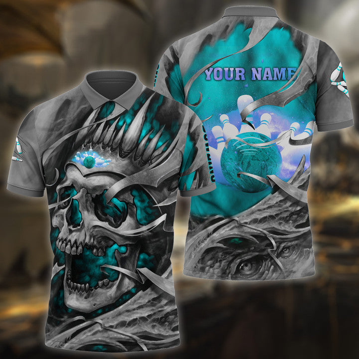 Frenzidea Bowling Skull Pattern Multicolor Customized Name 3D Polo Shirt