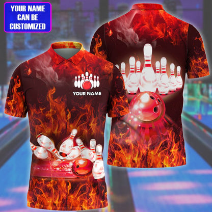 Frenzideas Bowling Flame Pattern Multicolor Customized Name 3D Polo Shirt