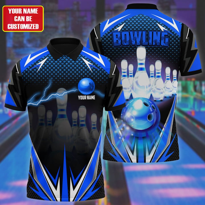 Frenzideas Bowling Thunder Pattern Multicolor Customized Name 3D Polo Shirt