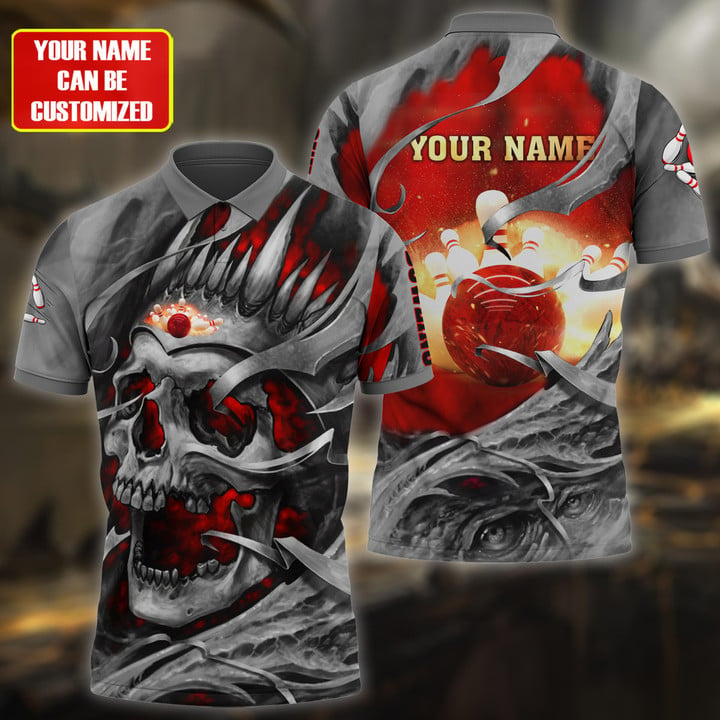 Frenzidea Bowling Skull Pattern Multicolor Customized Name 3D Polo Shirt