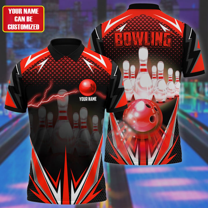 Frenzideas Bowling Thunder Pattern Multicolor Customized Name 3D Polo Shirt