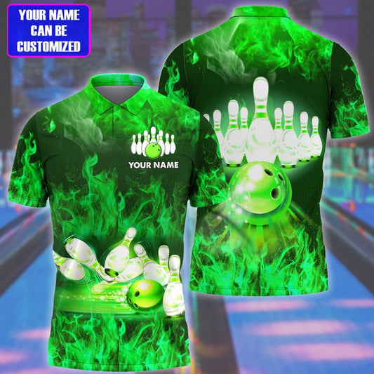 Frenzideas Bowling Flame Pattern Multicolor Customized Name 3D Polo Shirt