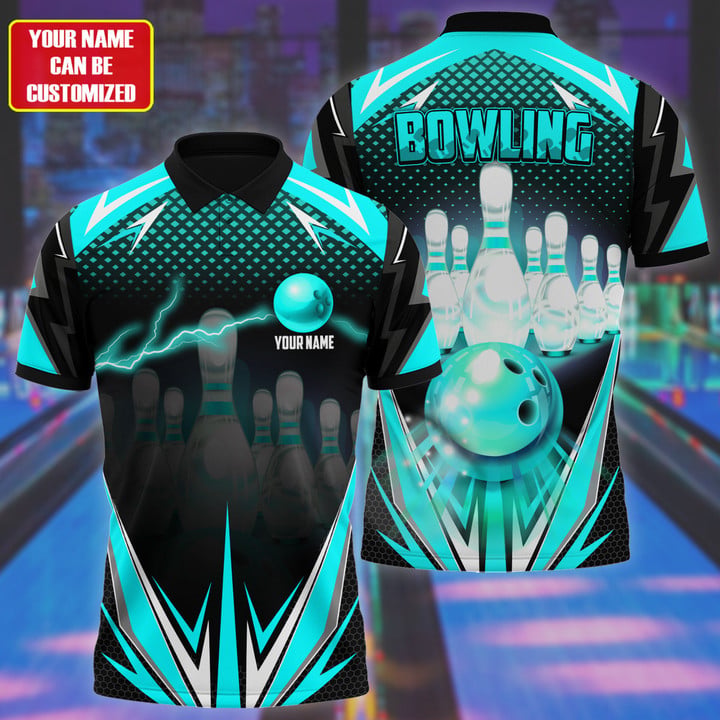 Frenzideas Bowling Thunder Pattern Multicolor Customized Name 3D Polo Shirt