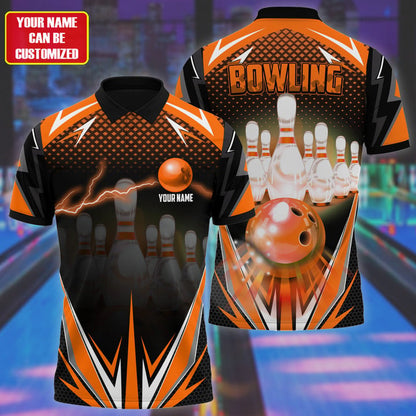 Frenzideas Bowling Thunder Pattern Multicolor Customized Name 3D Polo Shirt