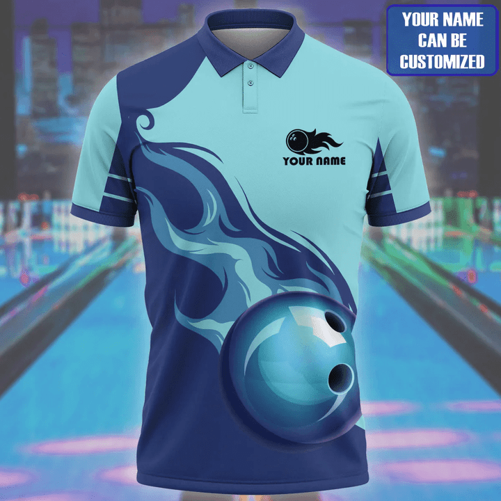 Frenzideas Cyan Water Color Bowling Ball Flame Customized Name 3D Shirt
