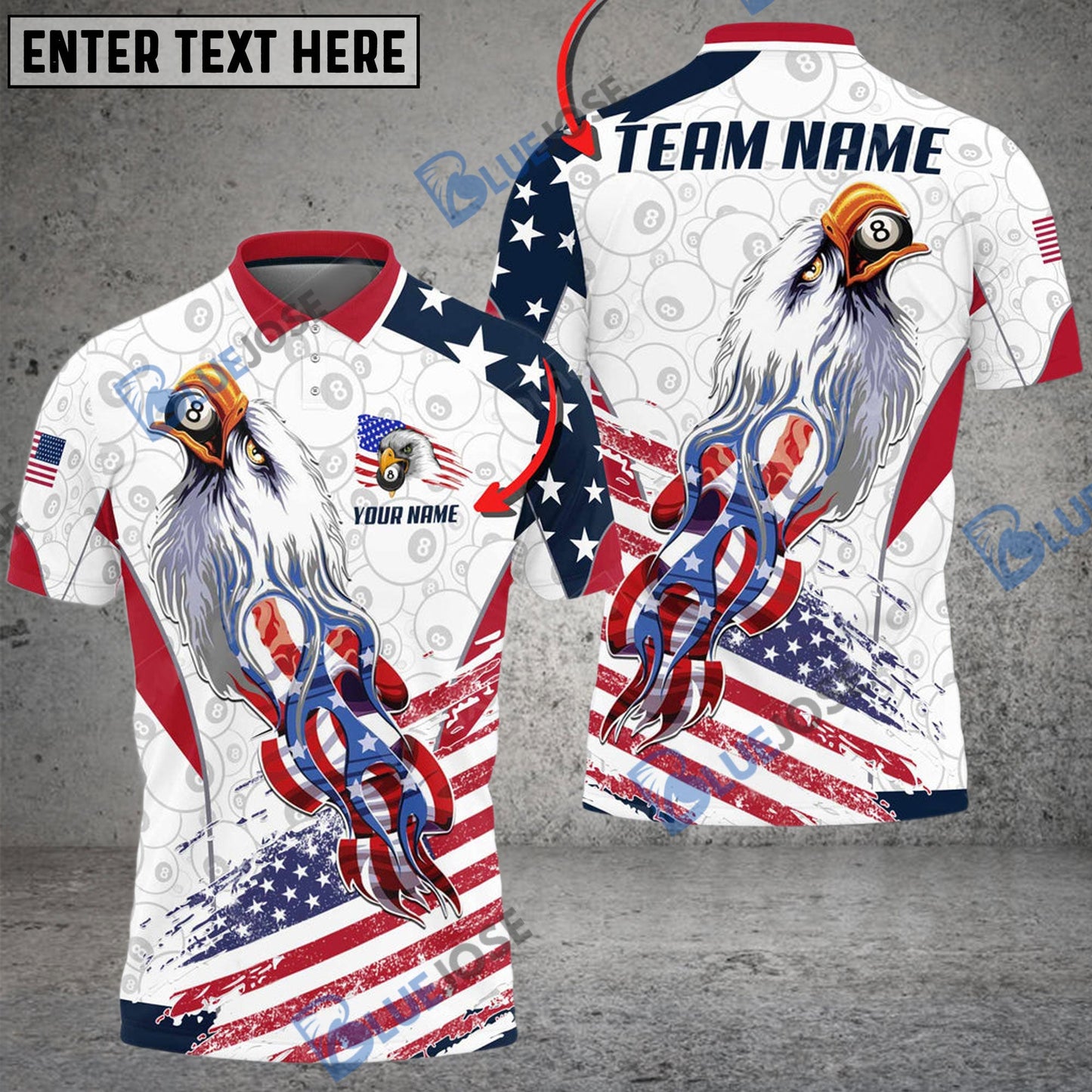 Frenzidea Billiards Ball 8 US Flag Eagle Personalized Name, Team Name Unisex Shirt ( 4 Colors )
