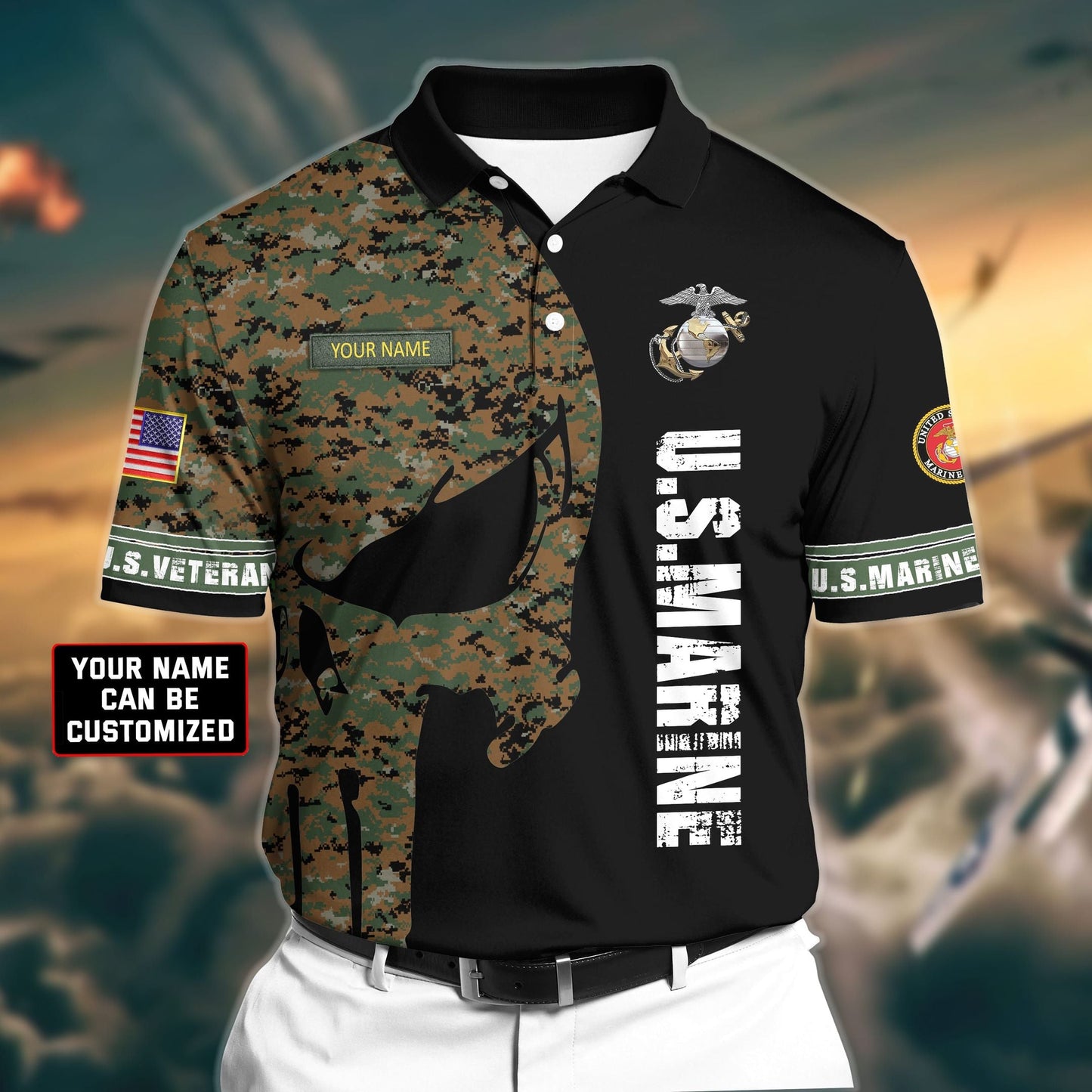 Frenzidea Premium Veteran U.S Marine 3D Polo All Over Printed