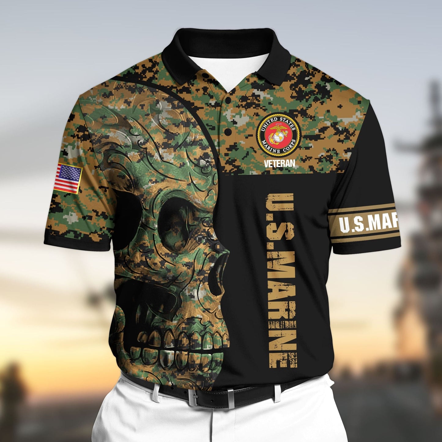 Frenzidea Premium Unique U.S Marine Veteran 3D Polo All Over Printed