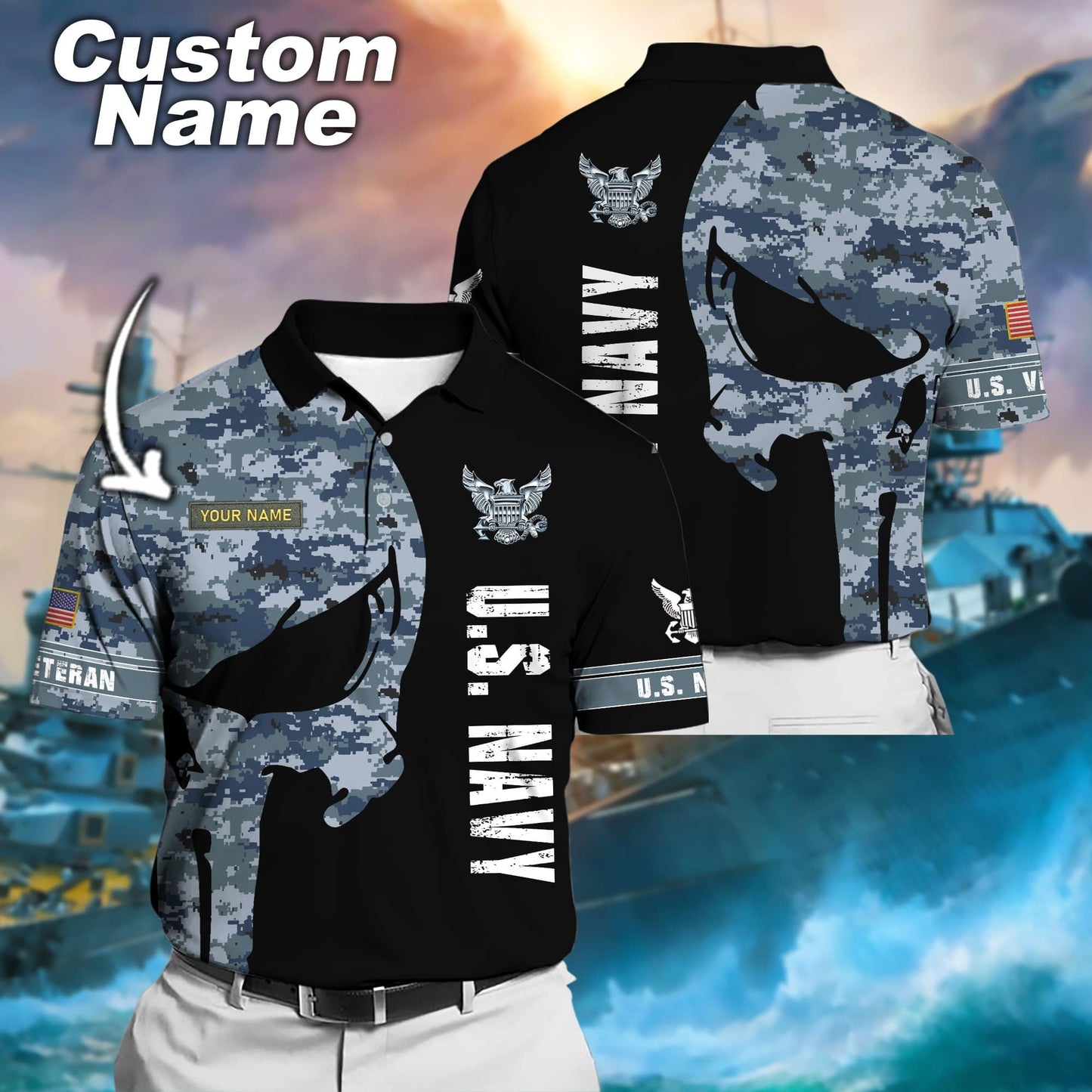 Frenzidea Premium Multiple US Military Services Veteran Personalize Polo Shirt
