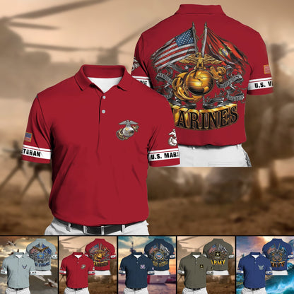 Frenzidea Premium Multiple US Military Services Veteran Polo Shirt