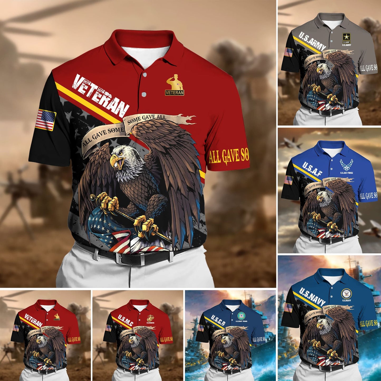Frenzidea Premium U.S Multiple Service Veteran Polo Shirt