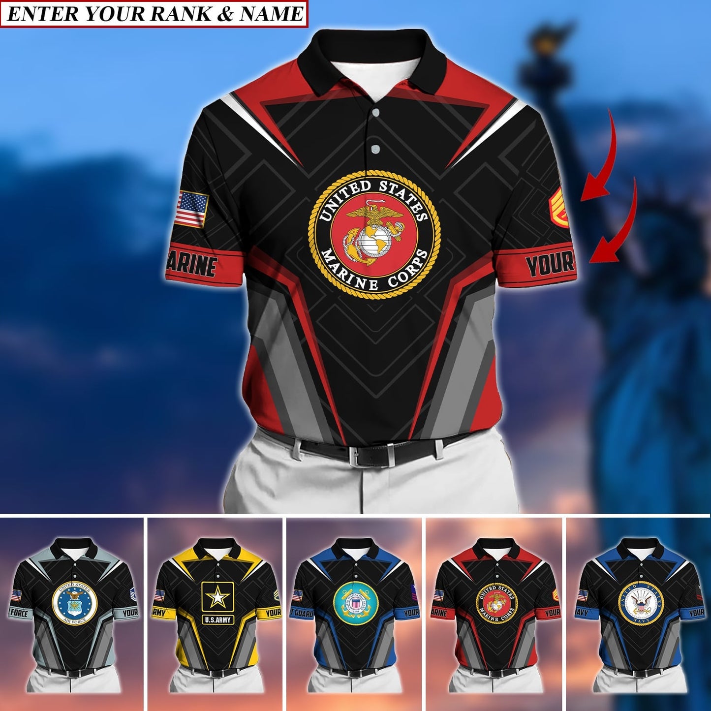 Frenzidea Premium Personalised U.S Multiple Service Veteran Polo Shirt